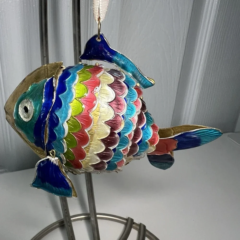 Cloisonné Enamel Articulated Moveable‎ Lg Tropical Fish Ornament Rainbow Colors